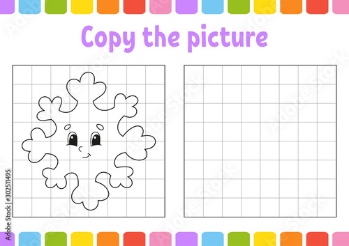 Copy the picture. Coloring book pages for kids. Education developing worksheet. Game for children. Handwriting practice. Funny character. Cute cartoon vector illustration.