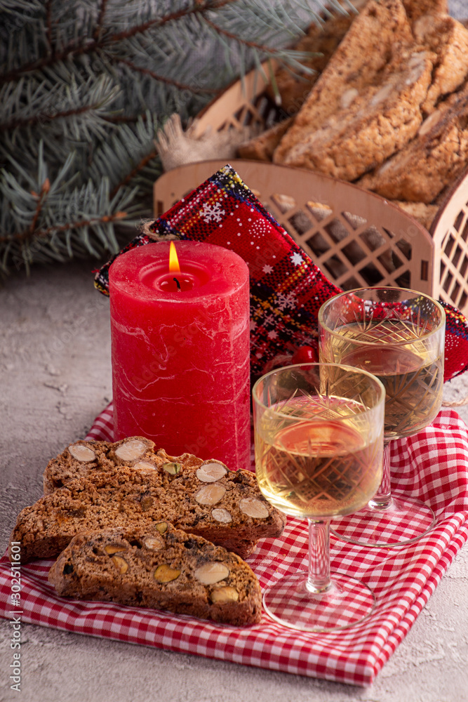 Traditional italian Christmas New Year dry cookies biscuits biscotti cantuccini. Biscotti di Prato.