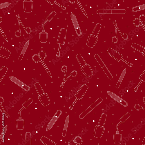 Seamless manicure set pattern. Nail file, buff, nail polish with a brush, open and closed scissors. Isolated. Design for banner, flyer, poster or print, websites, web design, mobile app.