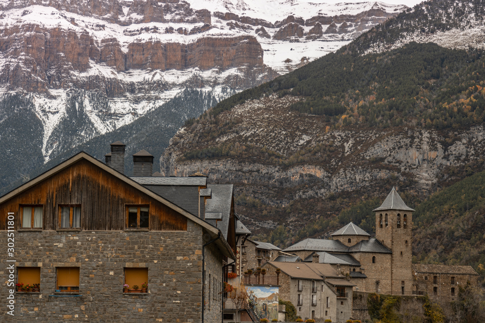 town of torla in autumn, located in pyrenees spain town of torla in autumn, located in pyrenees spain