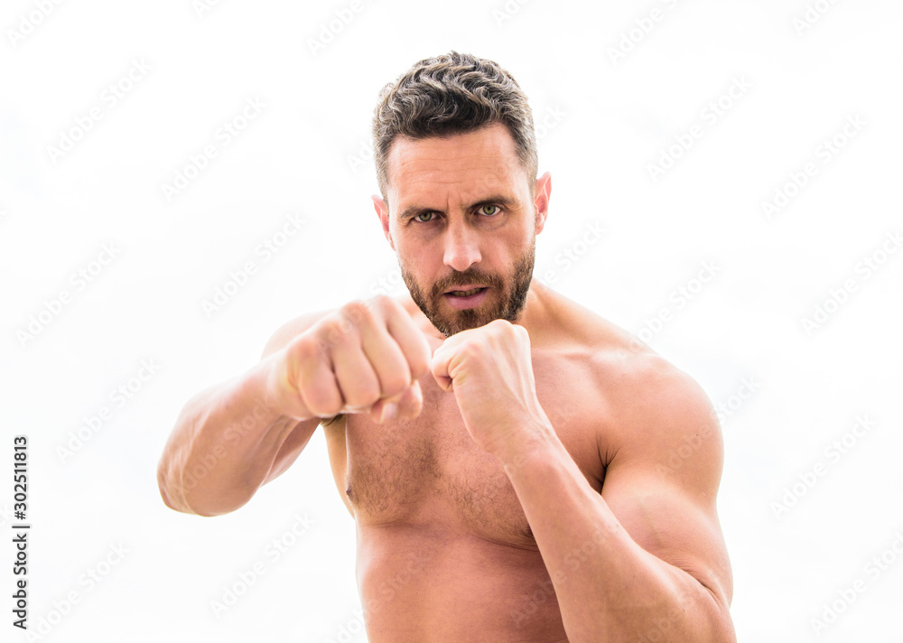 Obraz premium Training his boxing skills. punching knockout. energy health. Sportsman celebrates victory. negative emotions. Healthy lifestyle concept. Be strong. training with coach. Fight. knockout and energy