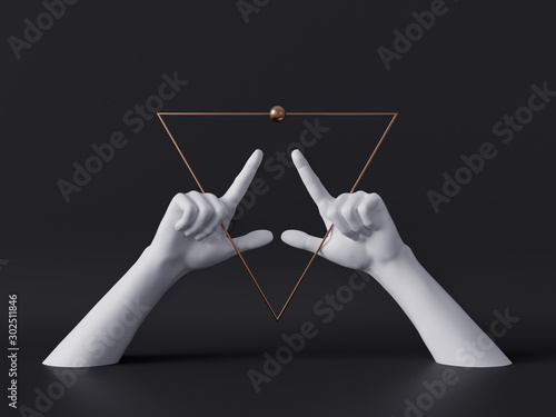 3d render, white decorative female mannequin hands isolated on black background, golden triangle frame, fingers pointing up, body parts, luxury fashion concept, esoteric fortuneteller, minimal design