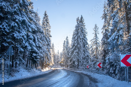 Fototapeta Naklejka Na Ścianę i Meble -  Winter road in forest. Snowy trees in forest along highway. Beautiful frosty nature landscape