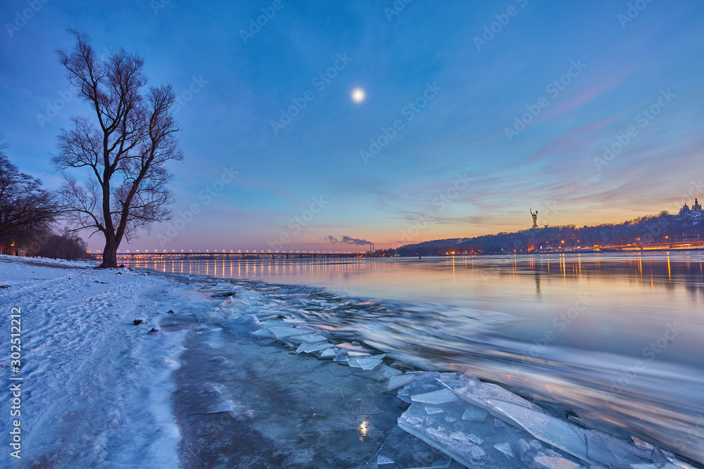 sunset over the river Dnieper on winter