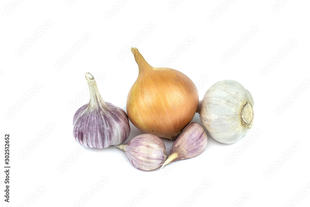 Fototapeta premium Fresh onion and garlic isolated on white background