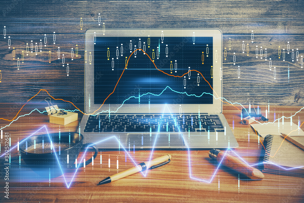 Double exposure of forex graph and work space with computer. Concept of international online trading. Double exposure of forex graph and work space with computer. Concept of international online trading.