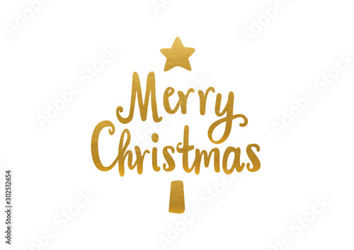 Golden Merry Christmas Greeting Card. Hand Drawn Lettering Design.