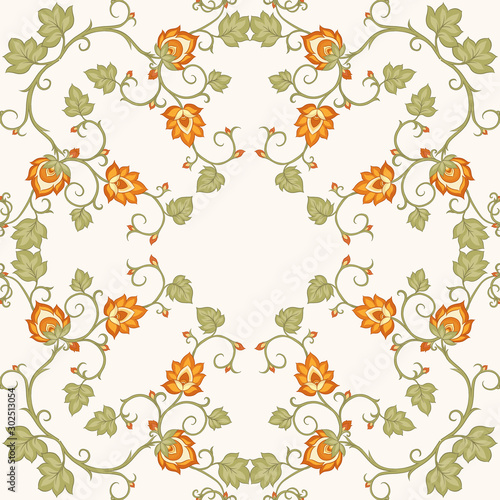 Tradition mughal motif, fantasy flowers in retro, vintage style. Seamless pattern, background. Vector illustration in beige and orange colors.