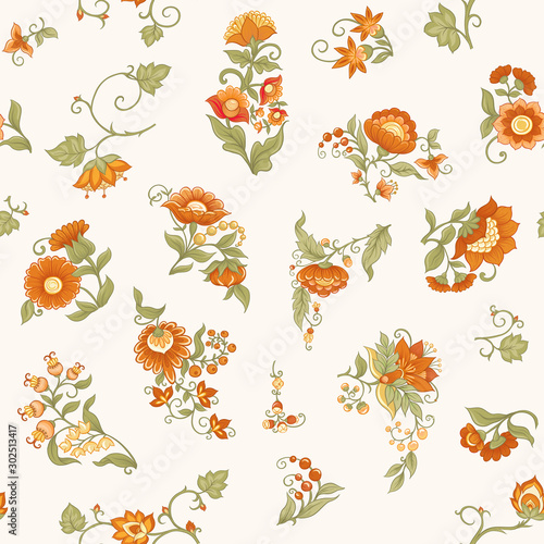 Tradition mughal motif, fantasy flowers in retro, vintage style. Seamless pattern, background. Vector illustration in beige and orange colors.
