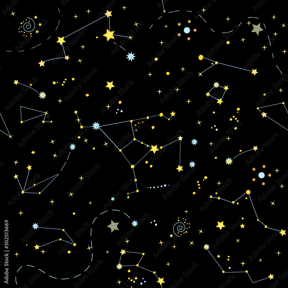 Fototapeta premium Beautiful galaxy seamless texture on the black background. Vector illustration