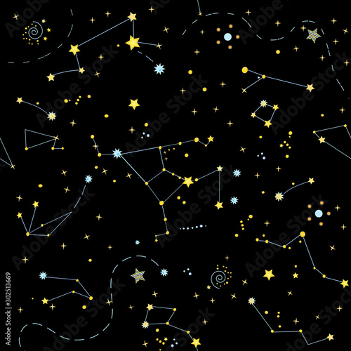 Beautiful galaxy seamless texture on the black background. Vector illustration