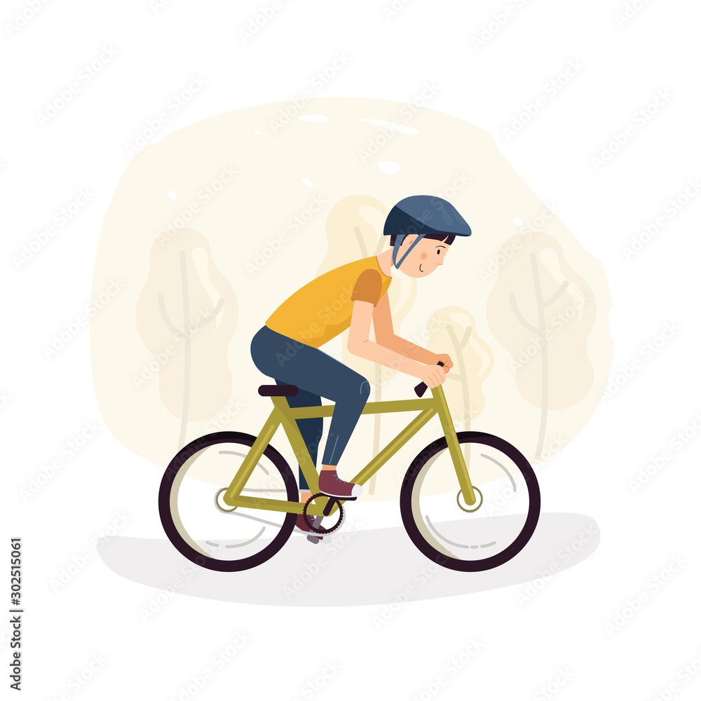 Fototapeta premium Teenager boy ride a bicycle in the park. Children and teenager outdoor activity concept. Flat vector illustration.