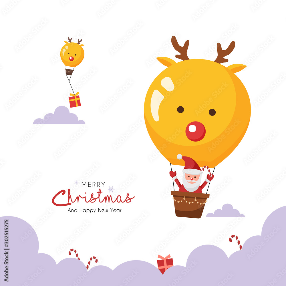 Naklejka premium Christmas cute greeting card with santa and reindeer air balloon