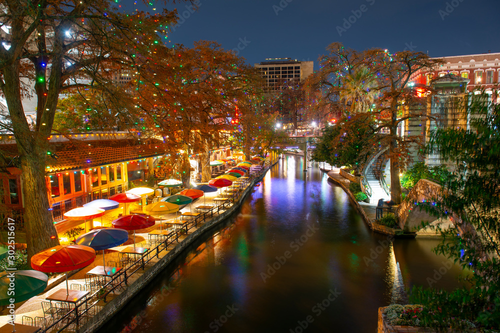 San Antonio River Walk near Alamo between E Crockett St and E Commerce St in downtown San Antonio, Texas, USA.