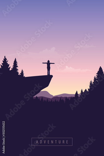 girl on a cliff adventure in nature with mountain view vector illustration EPS10