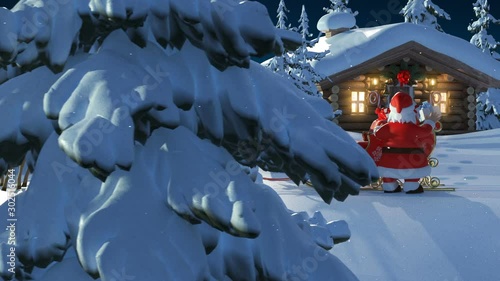 Santa Claus with Reindeer Goes on the Way from House of Santa and Flies Against the Moon. Beautiful 3d Animation with Writing Merry Christmas and Happy New Year Texts on a Green, Full HD