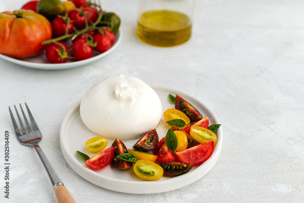 Salad with italian burrata cheese, fresh ripe tomatoes and basil Salad with italian burrata cheese, fresh ripe tomatoes and basil