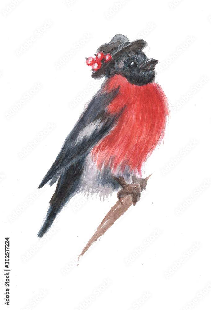 Fototapeta premium watercolor character bullfinch in a hat on a white background