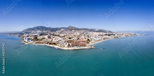 Aerial Panoramic Landscape View of Benalmadena City , Malaga , South of Spain. Popular touristic holiday attraction in Costa del Sol