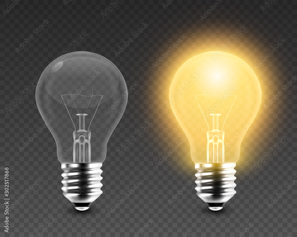 Vector 3d Realistic Turning On and Off Light Bulb Icon Set Closeup Isolated on Transparent Background. Glowing Incandescent Filament Lamps. Creativity Idea, Business Innovation Concept. Front View - obrazy, fototapety, plakaty 