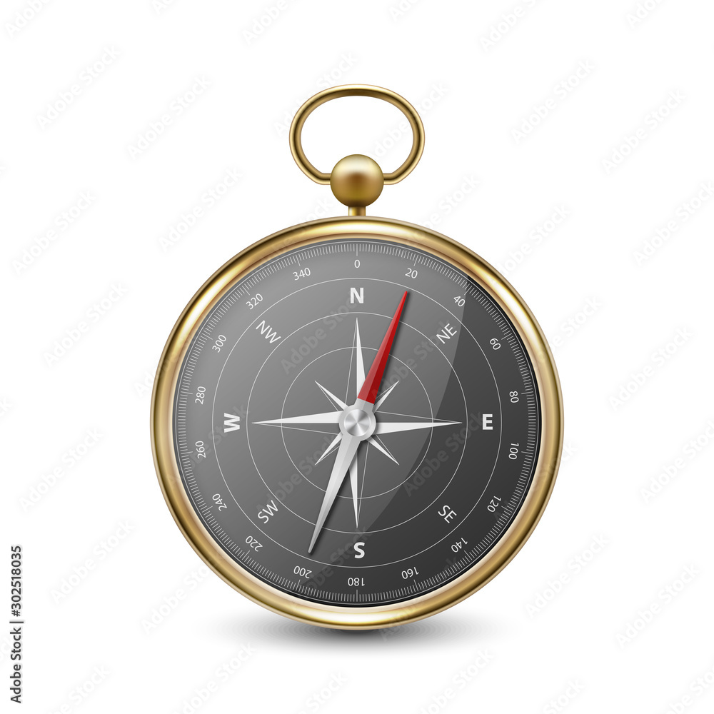 Vector 3d Realistic Metal Golden Antique Old Vintage Compass with Windrose Icon Closeup Isolated on White Background. Black Dial. Design Template. Travel, Navigation Concept. Front View