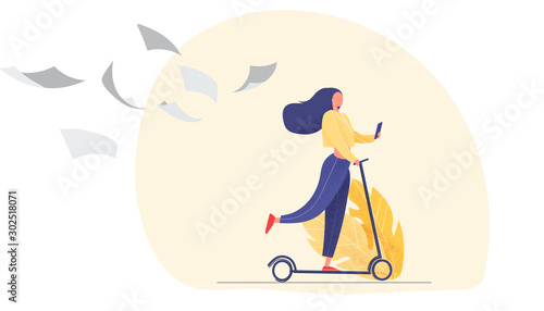 Girl listening to audio books riding a scooter