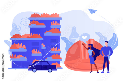 Business people like ecologic building with plants on balconies. Vertical green city, pollution fighting building, space-saving eco solution concept. Pinkish coral bluevector isolated illustration