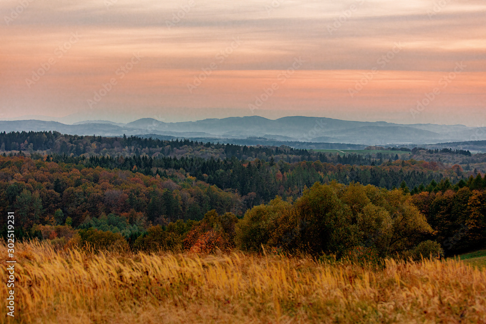 view on Beskids mountains in sunset time