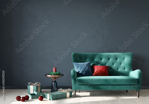 Foto Festive interior with trendy neo mint velour sofa and gifts