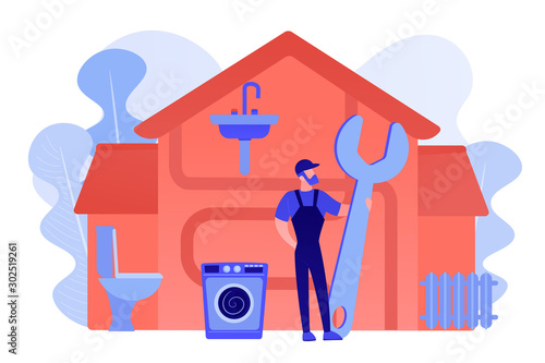 Repairman service. Handyman with wrench, mechanic. Plumber services, full service sewer and drain repair, cheap and reliable plumbers concept. Pinkish coral bluevector isolated illustration