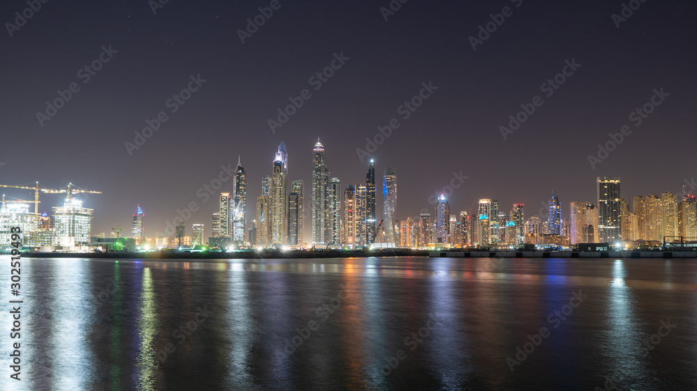Dubai city skyline at night showing JBR 