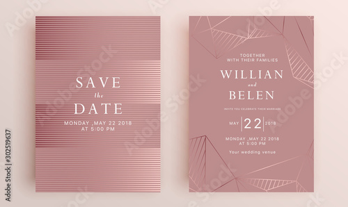 Beautiful set of wedding card templates. Gold collection of geometrical polyhedron, art deco style for wedding invitation, luxury templates, decorative patterns.