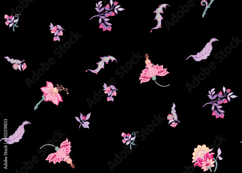 Pattern elements with stylized ornamental flowers in retro, vintage style. Jacobean embroidery. Outline hand drawing vector illustration.