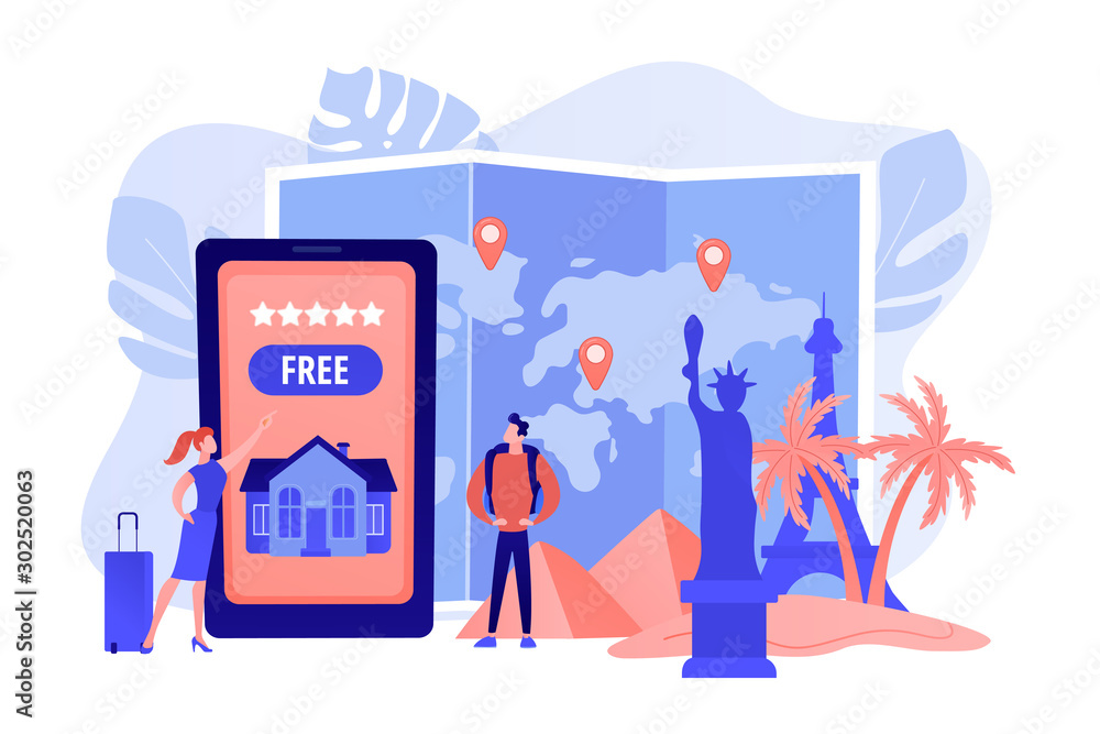 Tourist agency mobile app. Worldwide sightseeing tours. Hospitality and travel clubs, join travelers community, free homestay arrangement concept. Pink coral blue vector isolated illustration