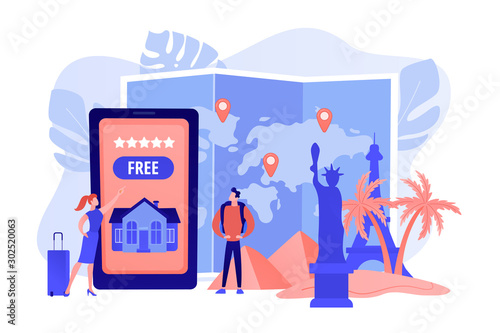 Tourist agency mobile app. Worldwide sightseeing tours. Hospitality and travel clubs, join travelers community, free homestay arrangement concept. Pink coral blue vector isolated illustration