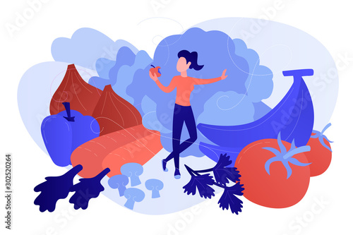 A white woman among fruits, vegetables and mushrooms as a concept of raw veganism, raw foodism, fruitarianism, juicearianism and sproutarianism, pinkish coral blue palette. Vector illustration on