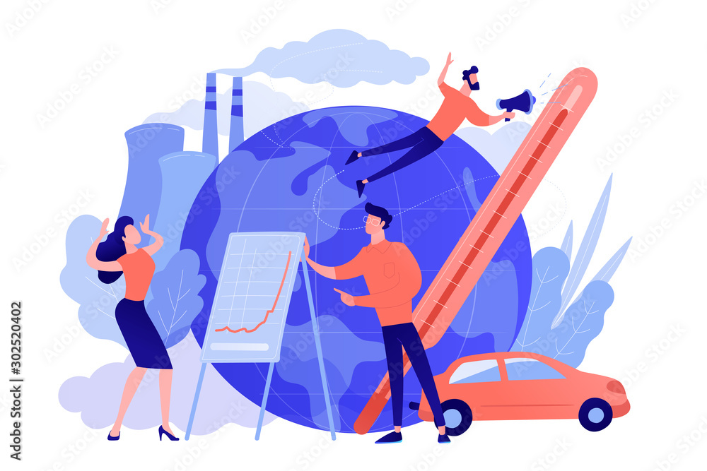 People in panic to announce global heating data. Globe with power plant and traffic fumes as a symbol of environment pollution, global heating impact. Pinkish coral blue palette. Vector illustration