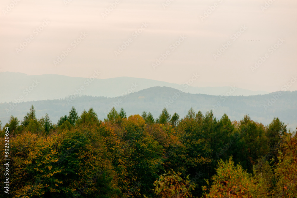 view on Beskids mountains in sunset time
