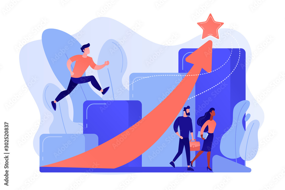 Successful businessman running up the career stairs and rising arrow to a star. Career growth, careerbuilder, career development concept. Pinkish coral bluevector isolated illustration Successful businessman running up the career stairs and rising arrow to a star. Career growth, careerbuilder, career development concept. Pinkish coral bluevector isolated illustration