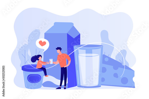 Dairy products, cheese, yoghurt and kid likes drinking milk, tiny people. Dairy products, milk based nutrition, dairy products production concept. Pinkish coral bluevector isolated illustration