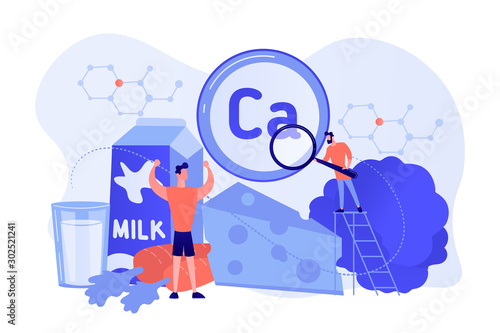 Tiny people, healthy sportsman with organic food high in calcium. Uses of calcium, calcium dietary supplement, strong bones and teeth concept. Pinkish coral bluevector isolated illustration