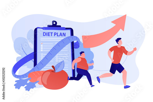 Businessman running and losing weight with diet plan and healthy food, tiny people. Weight loss diet, low-carb diet, healthy meal food concept. Pinkish coral bluevector isolated illustration