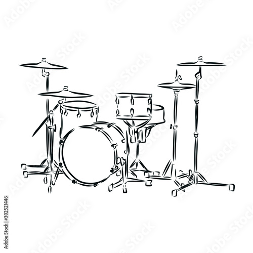 drum and drumsticksDrum set, music instrument sketch 