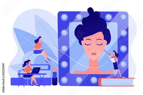 Students listening to teacher on training courses in professional makeup skills. Makeup courses, make up school, cosmetics masterclass concept. Pinkish coral bluevector isolated illustration