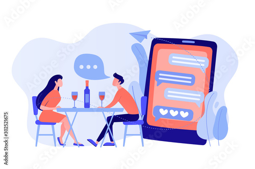 Man and woman using online dating app on smartphone and meeting at table, tiny people. Blind date, speed dating, online dating service concept. Pinkish coral bluevector isolated illustration