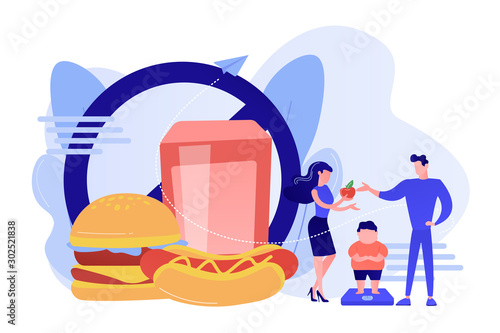 Tiny people, parents and overweight kid on scales, fast food prohibited. Child overweight, children disordered eating, kids energy imbalance concept. Pinkish coral bluevector isolated illustration