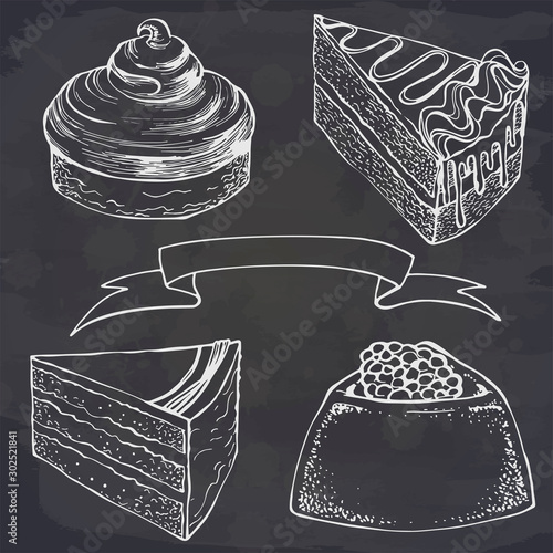 Set of cake on chalkboard with space for text. Vector food image. Sweet and beautiful dessert. Set of elements.
