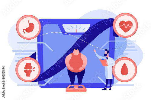 Tiny people, overweight man on scales and doctor showing obesity deseases. Obesity health problem, obesity main causes, overweight treatment concept. Pinkish coral bluevector isolated illustration photo