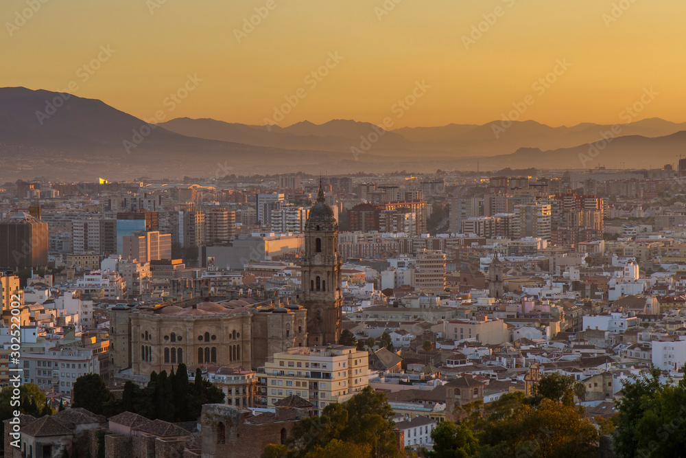 Beautiful View of Cathedral of Malaga at the sunset, golden hour. Costa del Sol Spain  