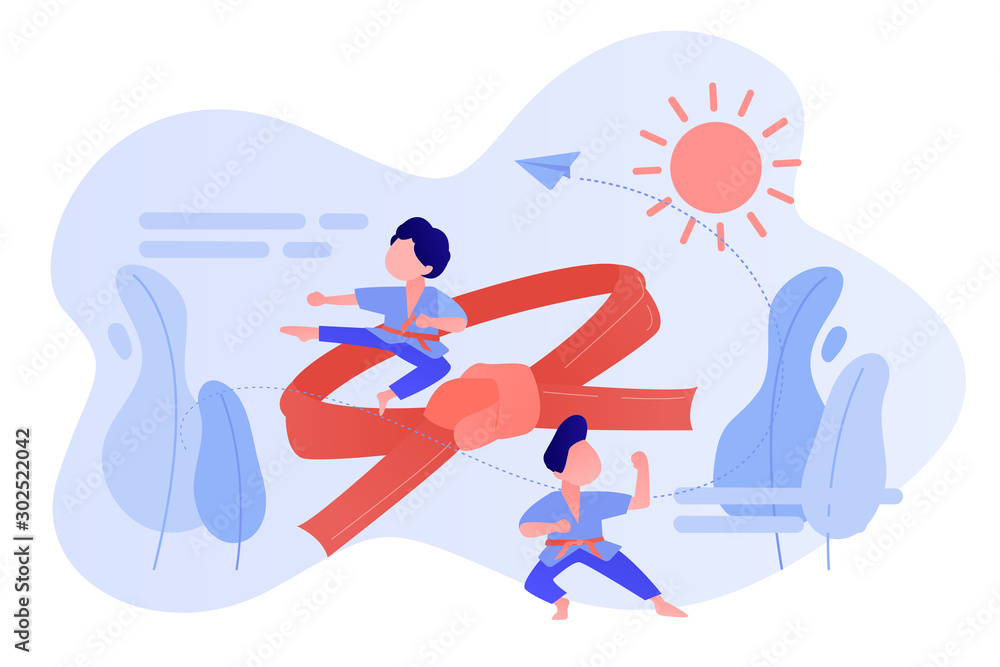 Young athletes doing karate outside at summer camp and big belt, tiny people. Karate camp, kids boxing club, fighting sport section concept. Pinkish coral bluevector isolated illustration